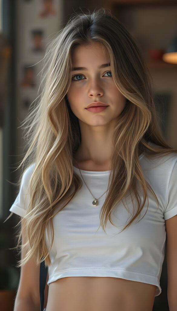 Show me a cute adult busty tomboy girl with long wavy light brown hair, wearing a cropped white T-shirt, with a small round belly button.