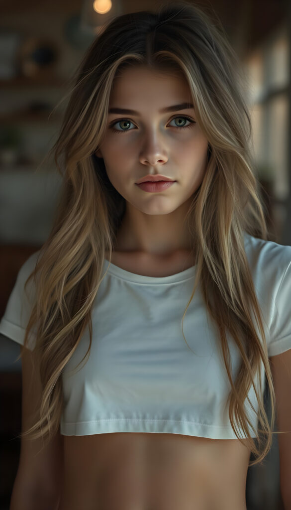Show me a cute adult busty tomboy girl with long wavy light brown hair, wearing a cropped white T-shirt, with a small round belly button.