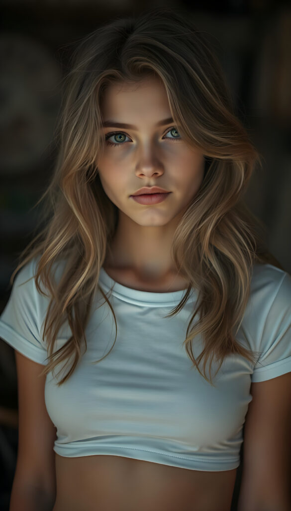 Show me a hyper realistic photo, cute adult busty tomboy girl with long wavy light brown hair, wearing a cropped white T-shirt, with a small round belly button.