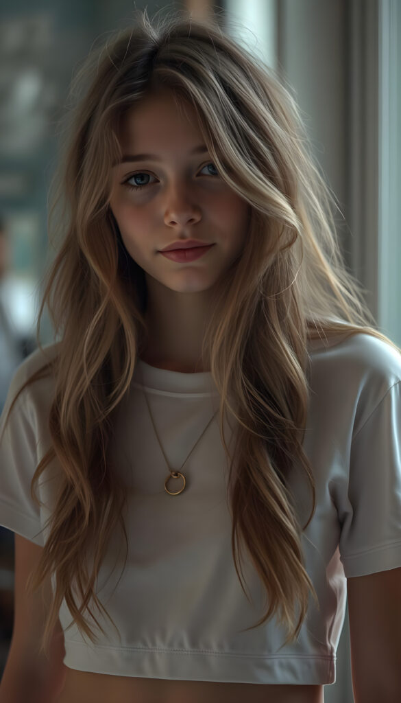 Show me a hyper realistic photo, cute adult busty tomboy girl with long wavy light brown hair, wearing a cropped white T-shirt, with a small round belly button.