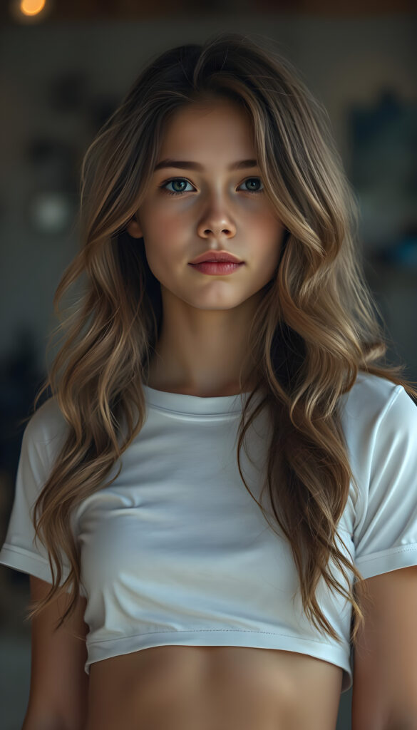 Show me a hyper realistic photo, cute adult busty tomboy girl with long wavy light brown hair, wearing a cropped white T-shirt, with a small round belly button.
