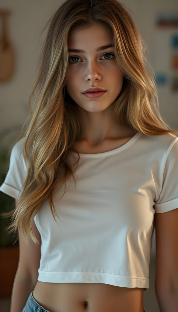 Show me a hyper realistic photo, cute adult busty tomboy girl with long wavy light brown hair, wearing a cropped white T-shirt, with a small round belly button.