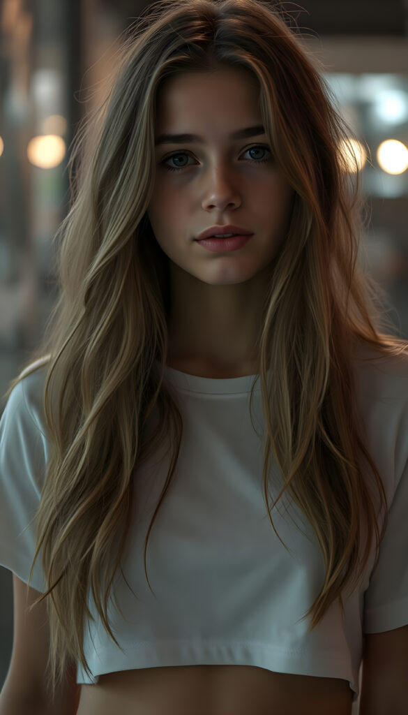 Show me a hyper realistic photo, cute adult busty tomboy girl with long wavy light brown hair, wearing a cropped white T-shirt, with a small round belly button.