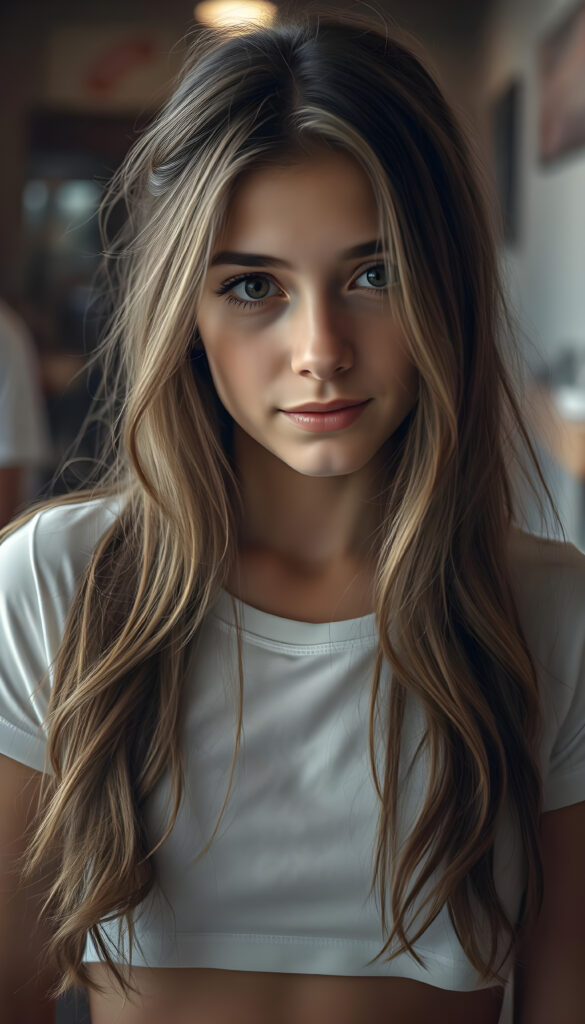 Show me a hyper realistic photo, cute adult busty tomboy girl with long wavy light brown hair, wearing a cropped white T-shirt, with a small round belly button.