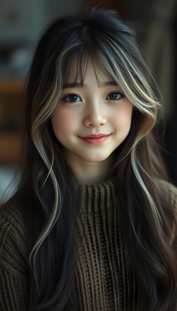 Show me a super cute portrait of a young girl with long dark hair and blonde highlights. She has a round, delicate face, deep green eyes, and a warm smile. The portrait focuses on her flawless face. She is wearing a detailed, brown sweater made of fine wool.