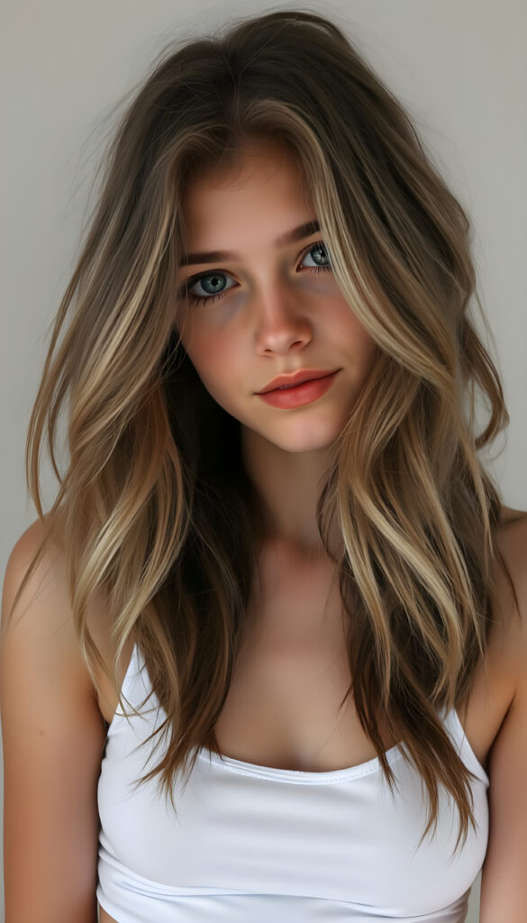 Show me a super realistic nice photo from a cute adult busty tomboy girl with shoulder long wavy light brown hair and black highlights, wearing a cropped white tank top, with a small round belly button.
