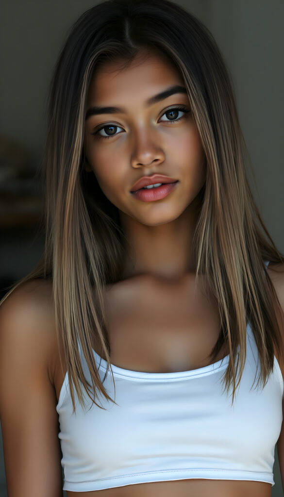 A hyper-realistic portrait of a young woman; pink beret; long straight dark brown hair; purple jacket with white collar; intelligent, confident expression; classroom setting with soft focus; warm indoor lighting