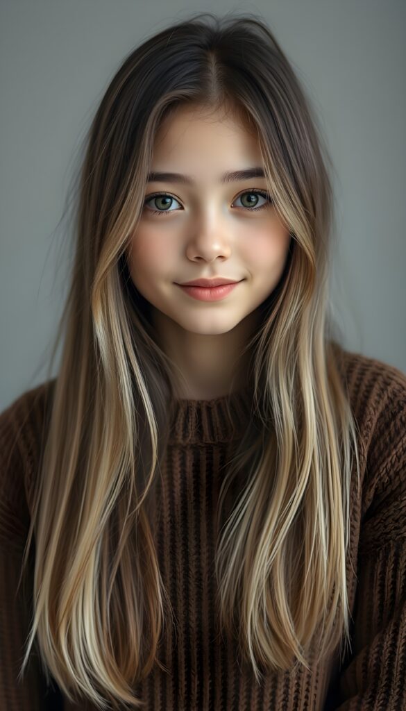 Show me a super cute portrait of a young girl with long super straight dark hair and blonde highlights. She has a round, delicate face, deep green eyes, and a warm smile. The portrait focuses on her flawless face. She is wearing a detailed, brown sweater made of fine wool. Light grey studio backdrop.
