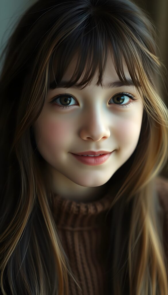 Show me a super cute portrait of a young girl with long dark hair and blonde highlights. She has a round, delicate face, deep green eyes, and a warm smile. The portrait focuses on her flawless face. She is wearing a detailed, brown sweater made of fine wool.