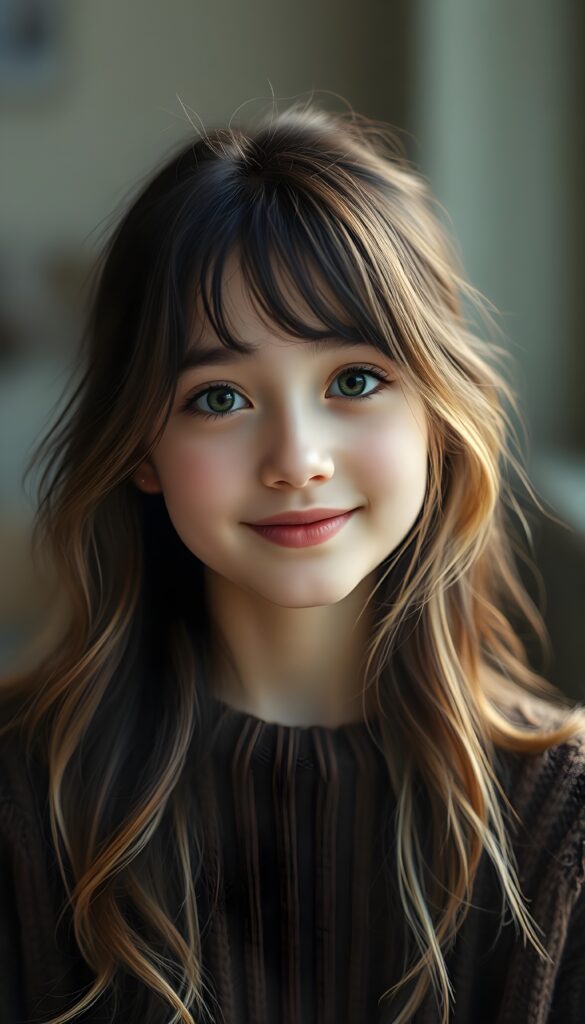 Show me a super cute portrait of a young girl with long dark hair and blonde highlights. She has a round, delicate face, deep green eyes, and a warm smile. The portrait focuses on her flawless face. She is wearing a detailed, brown sweater made of fine wool.