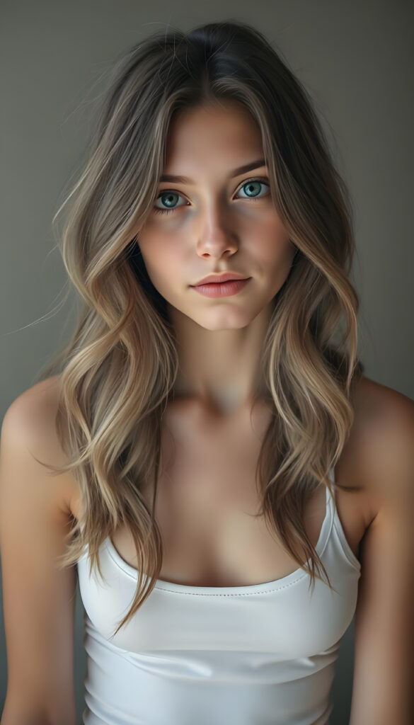 Show me a super realistic nice photo from a cute adult busty tomboy girl with shoulder long wavy light brown hair and black highlights, wearing a cropped white tank top, with a small round belly button.
