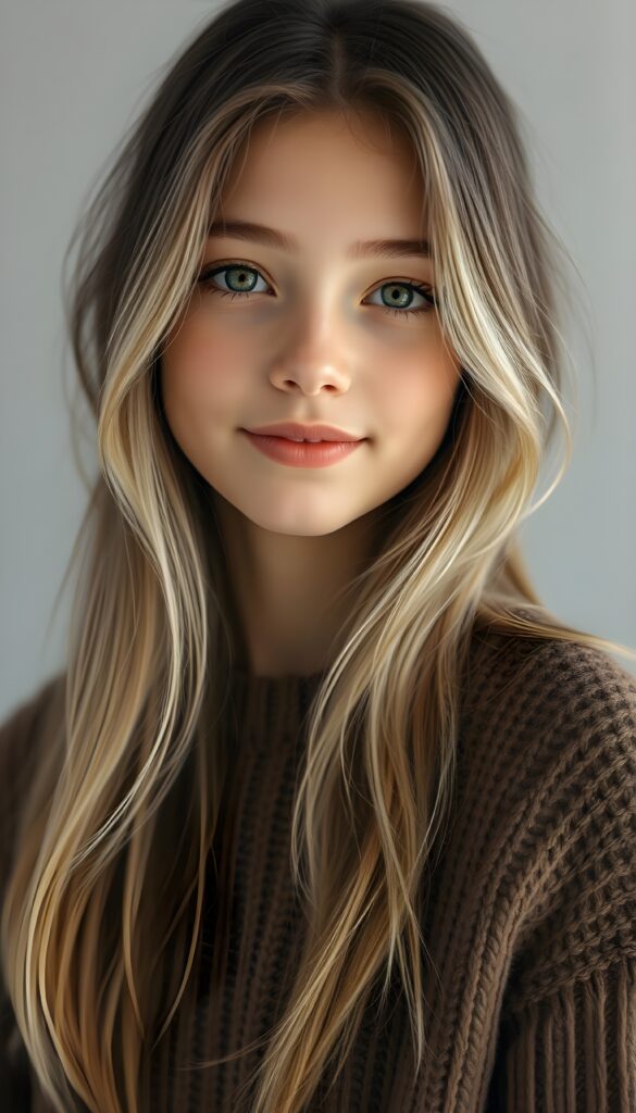 Show me a super cute portrait of a young girl with long super straight dark hair and blonde highlights. She has a round, delicate face, deep green eyes, and a warm smile. The portrait focuses on her flawless face. She is wearing a detailed, brown sweater made of fine wool. Light grey studio backdrop.