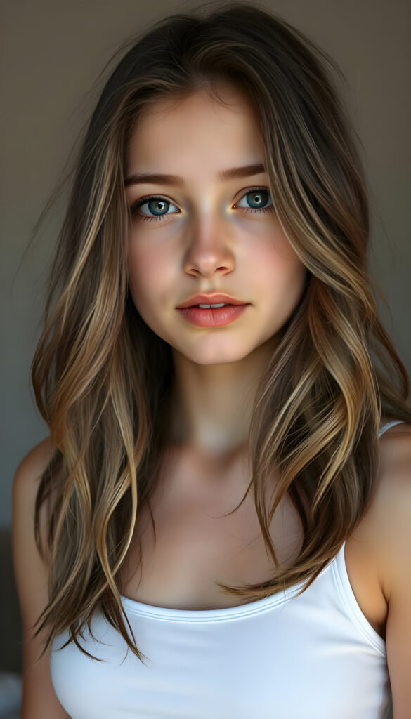 Show me a super realistic nice photo from a cute adult busty tomboy girl with shoulder long wavy light brown hair and black highlights, wearing a cropped white tank top, with a small round belly button.