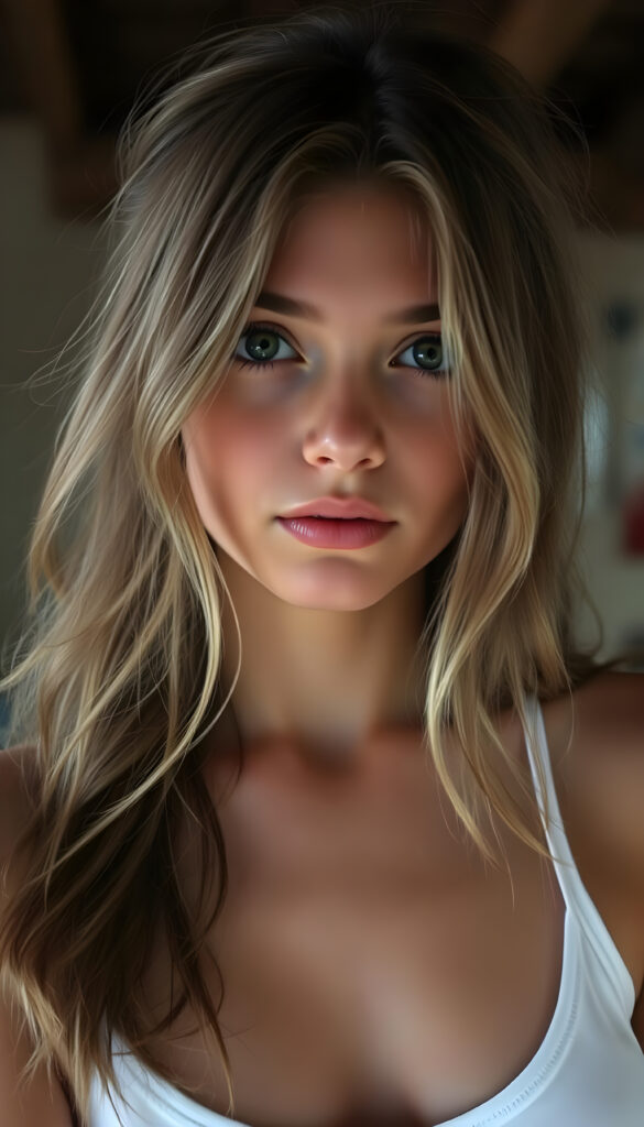 Show me a super realistic nice photo from a cute adult busty tomboy girl with shoulder long wavy light brown hair and black highlights, wearing a cropped white tank top, with a small round belly button.