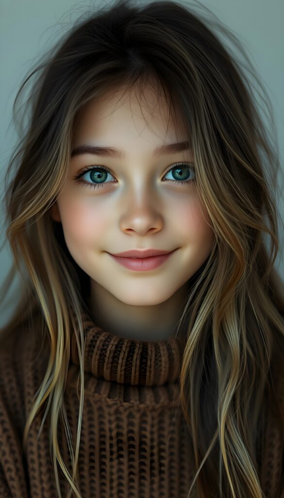 Show me a super cute portrait of a young girl with long dark hair and blonde highlights. She has a round, delicate face, deep green eyes, and a warm smile. The portrait focuses on her flawless face. She is wearing a detailed, brown sweater made of fine wool.
