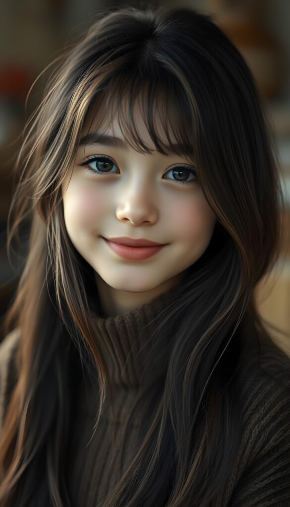Show me a super cute portrait of a young girl with long dark hair and blonde highlights. She has a round, delicate face, deep green eyes, and a warm smile. The portrait focuses on her flawless face. She is wearing a detailed, brown sweater made of fine wool.
