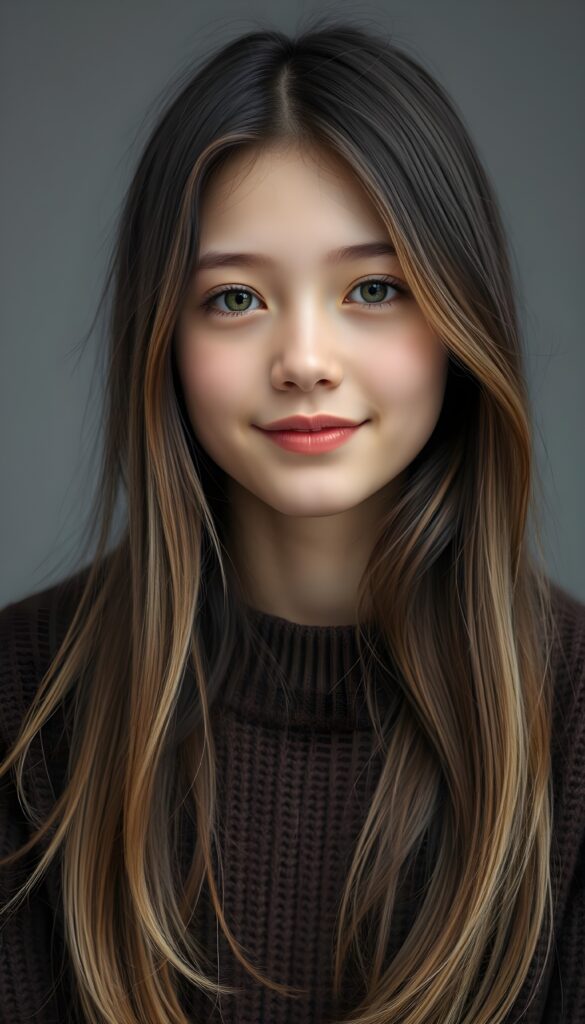 Show me a super cute portrait of a young girl with long super straight dark hair and blonde highlights. She has a round, delicate face, deep green eyes, and a warm smile. The portrait focuses on her flawless face. She is wearing a detailed, brown sweater made of fine wool. Light grey studio backdrop.