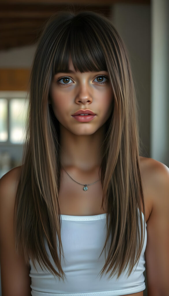 A hyper-realistic portrait of a young woman; pink beret; long straight dark brown hair; purple jacket with white collar; intelligent, confident expression; classroom setting with soft focus; warm indoor lighting