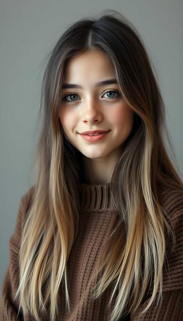 Show me a super cute portrait of a young girl with long super straight dark hair and blonde highlights. She has a round, delicate face, deep green eyes, and a warm smile. The portrait focuses on her flawless face. She is wearing a detailed, brown sweater made of fine wool. Light grey studio backdrop.