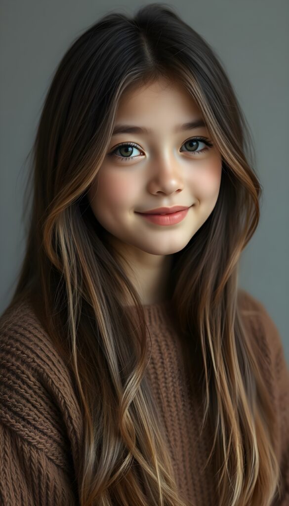 Show me a super cute portrait of a young girl with long super straight dark hair and blonde highlights. She has a round, delicate face, deep green eyes, and a warm smile. The portrait focuses on her flawless face. She is wearing a detailed, brown sweater made of fine wool. Light grey studio backdrop.