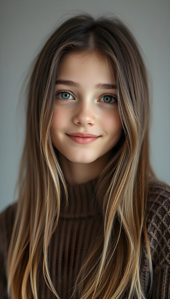Show me a super cute portrait of a young girl with long super straight dark hair and blonde highlights. She has a round, delicate face, deep green eyes, and a warm smile. The portrait focuses on her flawless face. She is wearing a detailed, brown sweater made of fine wool. Light grey studio backdrop.