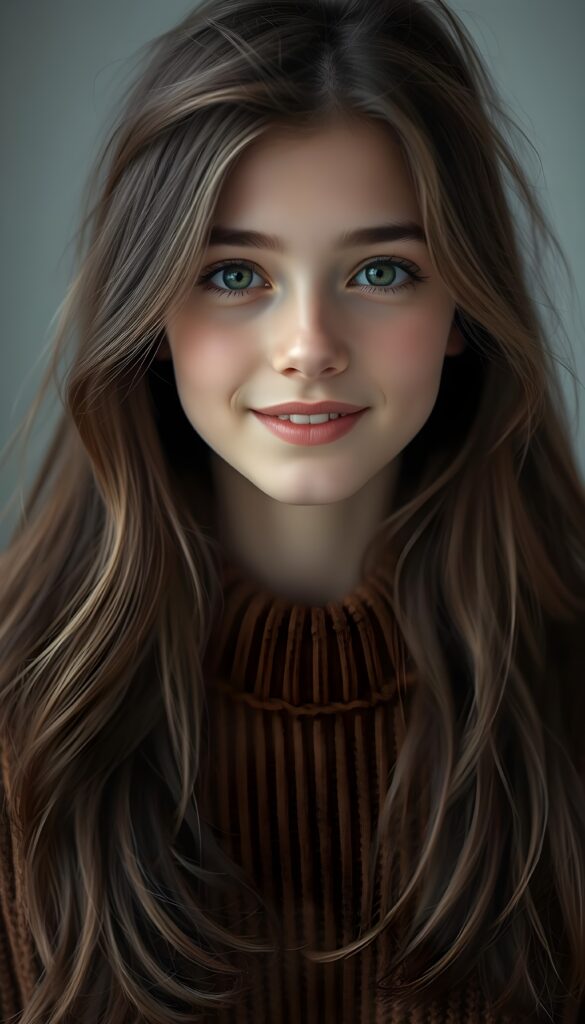 Show me a super cute portrait of a young girl with long dark hair and blonde highlights. She has a round, delicate face, deep green eyes, and a warm smile. The portrait focuses on her flawless face. She is wearing a detailed, brown sweater made of fine wool.