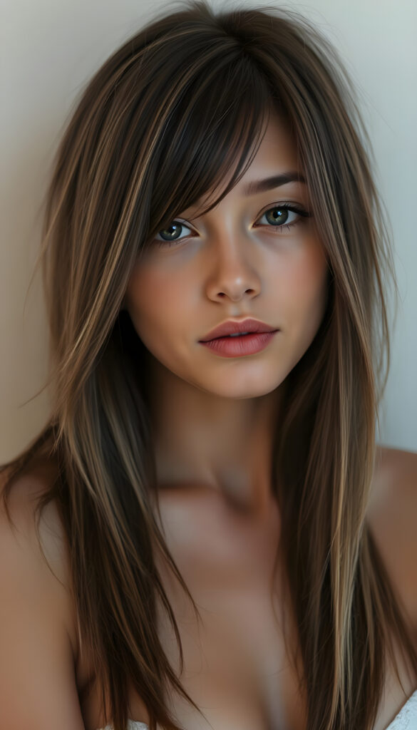 A hyper-realistic portrait of a young woman; pink beret; long straight dark brown hair; purple jacket with white collar; intelligent, confident expression; classroom setting with soft focus; warm indoor lighting