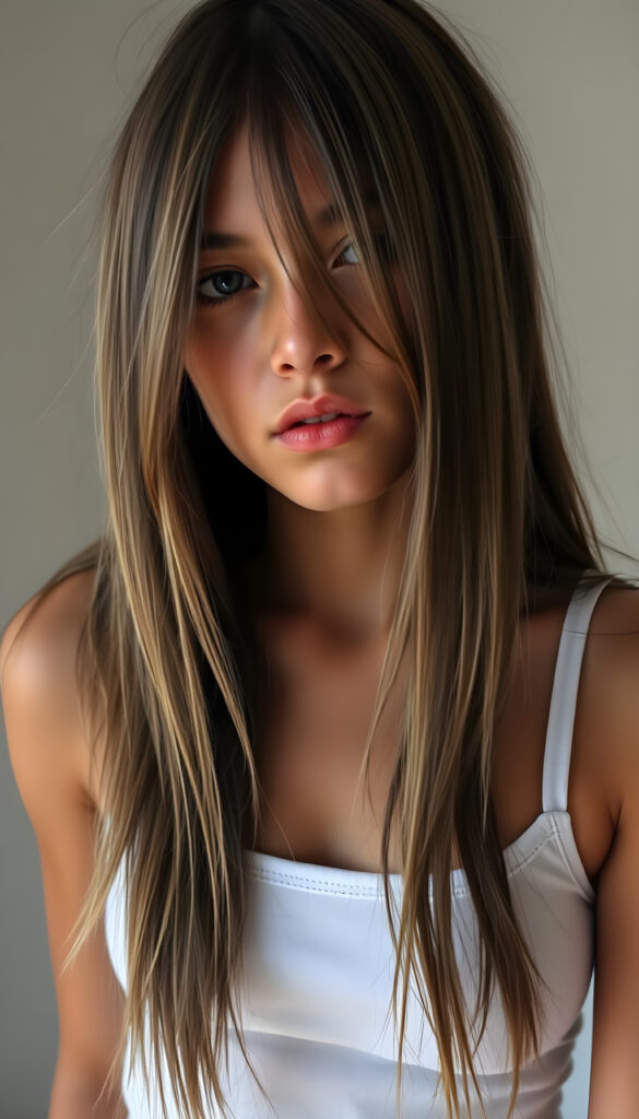 A hyper-realistic portrait of a young woman; pink beret; long straight dark brown hair; purple jacket with white collar; intelligent, confident expression; classroom setting with soft focus; warm indoor lighting