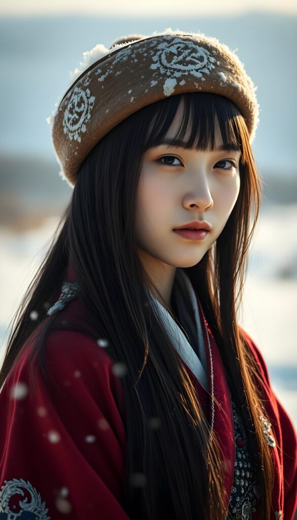Show me the young, beautiful teen daughter of Genghis Khan in traditional clothing. A super realistic image in a snowy landscape. The sun shines gently on her face and her eyes reflect the light back to the viewer. She is beautiful, gentle, and peaceful. Long straight silky open soft black hair falls down, deel hat. Mongolian touch.