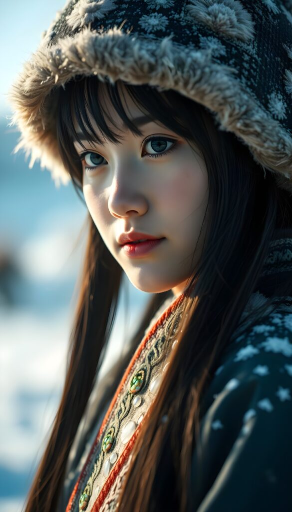 Show me the young, beautiful teen daughter of Genghis Khan in traditional clothing. A super realistic image in a snowy landscape. The sun shines gently on her face and her eyes reflect the light back to the viewer. She is beautiful, gentle, and peaceful. Long straight silky open soft black hair falls down, deel hat. Mongolian touch.