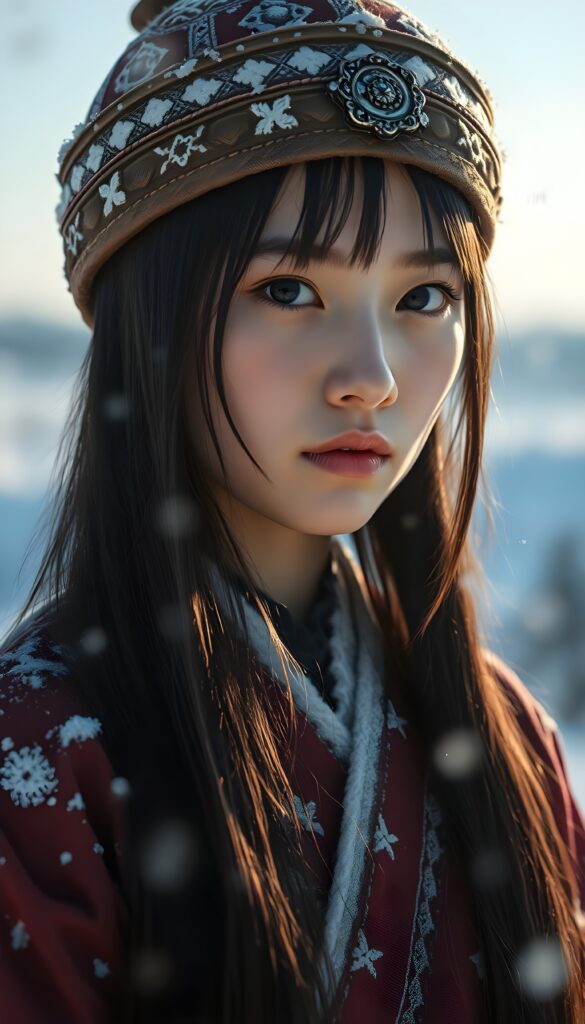 Show me the young, beautiful teen daughter of Genghis Khan in traditional clothing. A super realistic image in a snowy landscape. The sun shines gently on her face and her eyes reflect the light back to the viewer. She is beautiful, gentle, and peaceful. Long straight silky open soft black hair falls down, deel hat. Mongolian touch.