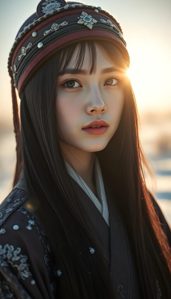 Show me the young, beautiful teen daughter of Genghis Khan in traditional clothing. A super realistic image in a snowy landscape. The sun shines gently on her face and her eyes reflect the light back to the viewer. She is beautiful, gentle, and peaceful. Long straight silky open soft black hair falls down, deel hat. Mongolian touch.