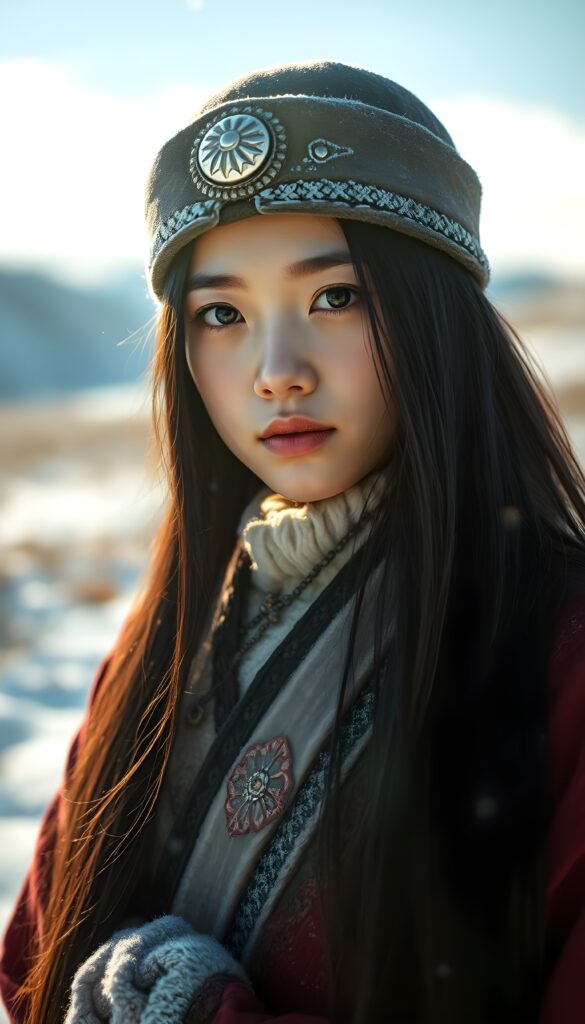 Show me the young, beautiful teen daughter of Genghis Khan in traditional clothing. A super realistic image in a snowy landscape. The sun shines gently on her face and her eyes reflect the light back to the viewer. She is beautiful, gentle, and peaceful. Long straight silky open soft black hair falls down, deel hat. Mongolian touch.