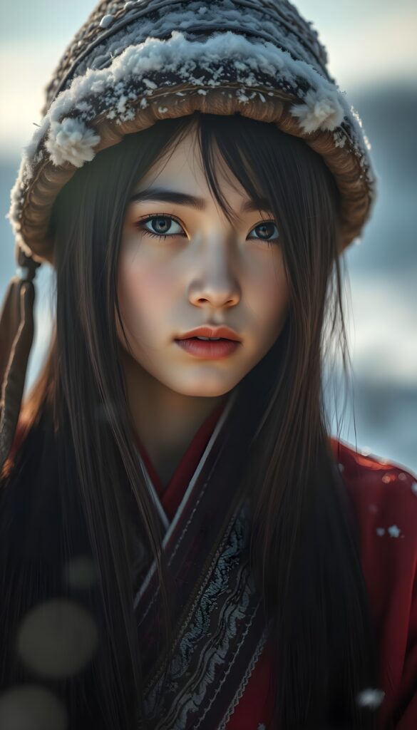 Show me the young, beautiful teen daughter of Genghis Khan in traditional clothing. A super realistic image in a snowy landscape. The sun shines gently on her face and her eyes reflect the light back to the viewer. She is beautiful, gentle, and peaceful. Long straight silky open soft black hair falls down, deel hat. Mongolian touch.