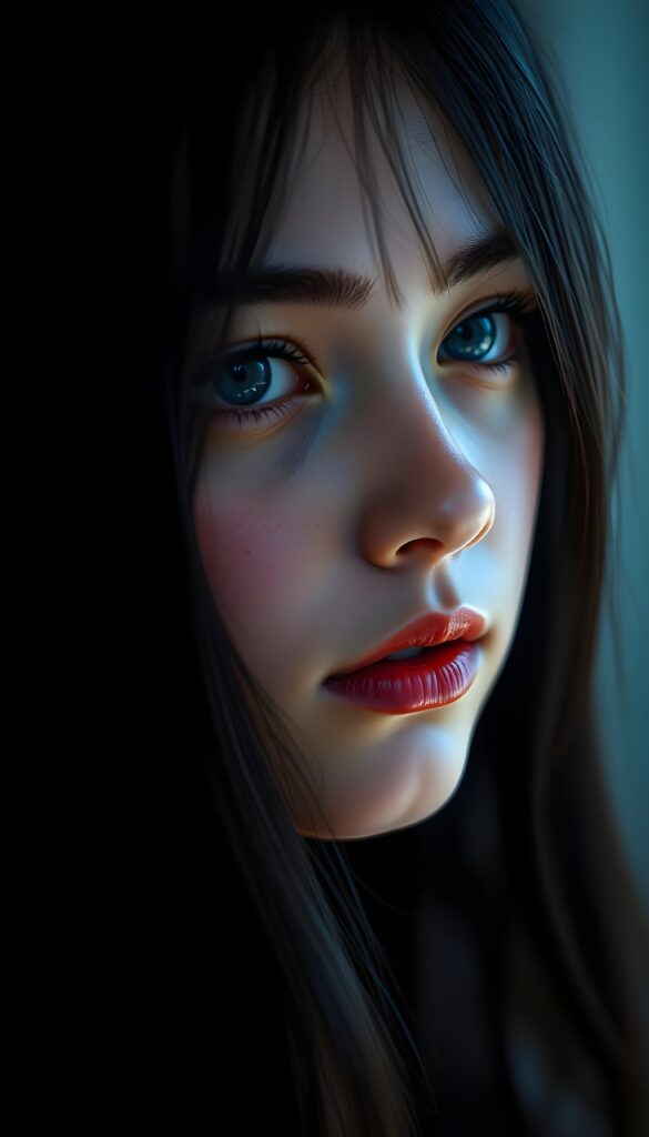 Side view of a young girl, long black hair, flawless skin, deep blue eyes reflecting the light. She has red, full lips. Dim light falls into the picture from the side. Flawless, porcelain-colored skin.