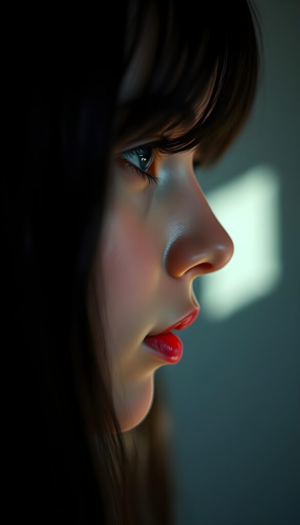 Side view of a young girl, long black hair, flawless skin, deep blue eyes reflecting the light. She has red, full lips. Dim light falls into the picture from the side. Flawless, porcelain-colored skin.