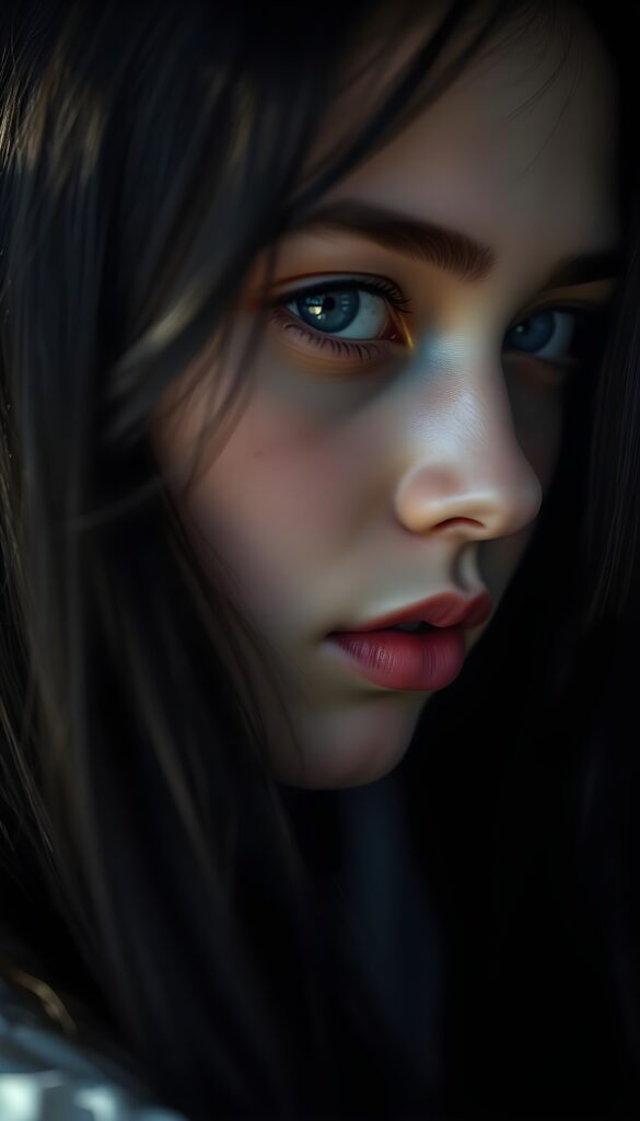 Side view of a young girl, long black hair, flawless skin, deep blue eyes reflecting the light. She has red, full lips. Dim light falls into the picture from the side. Flawless, porcelain-colored skin.