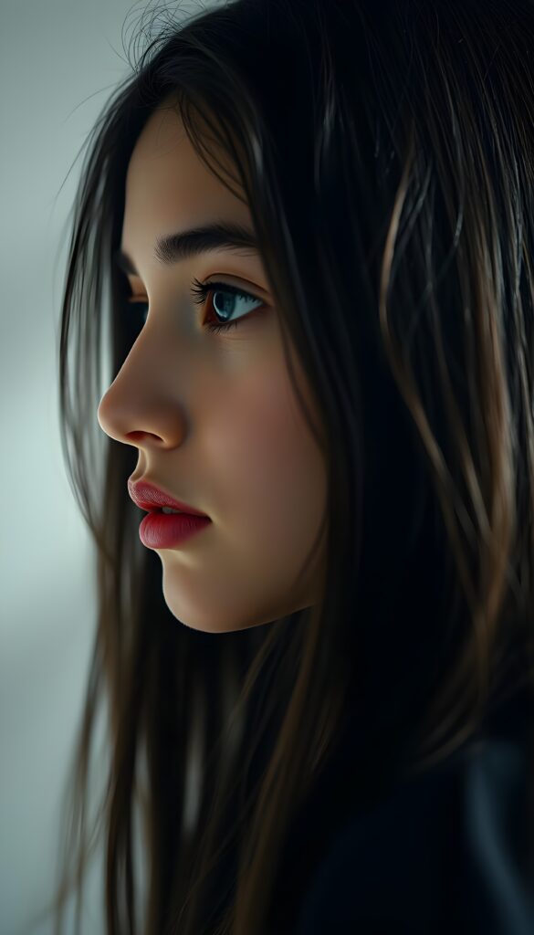 Side view of a young girl, long black hair, flawless skin, deep blue eyes reflecting the light. She has red, full lips. Dim light falls into the picture from the side. Flawless, porcelain-colored skin.