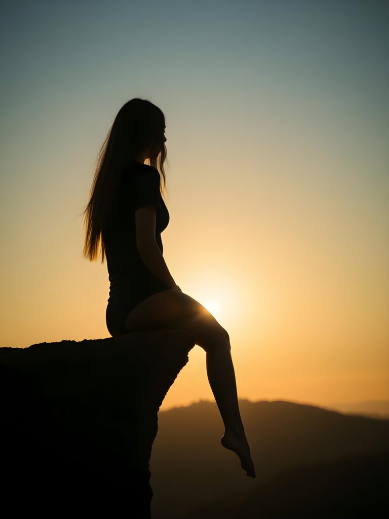 Silhouette: a girl sits on a cliff at dawn, dangling her legs. Everything is in black silhouette. Long hair falls down her back.