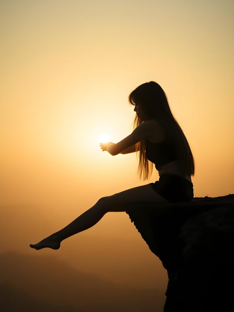 Silhouette: a girl sits on a cliff at dawn, dangling her legs. Everything is in black silhouette. Long hair falls down her back.