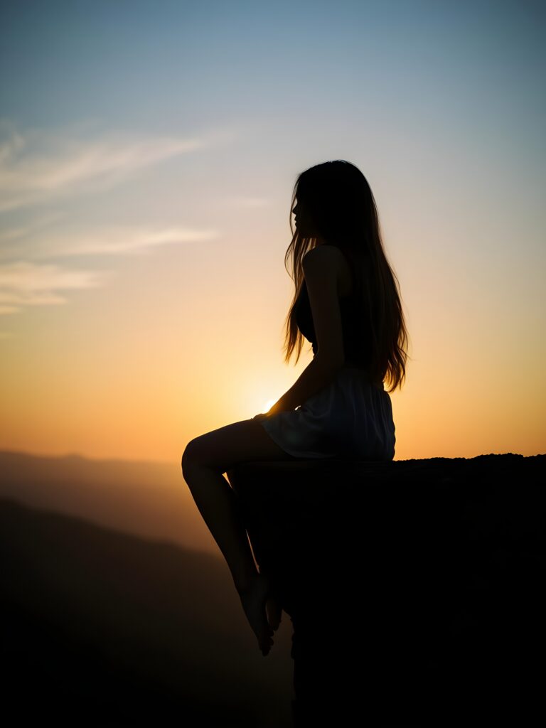 Silhouette: a girl sits on a cliff at dawn, dangling her legs. Everything is in black silhouette. Long hair falls down her back.