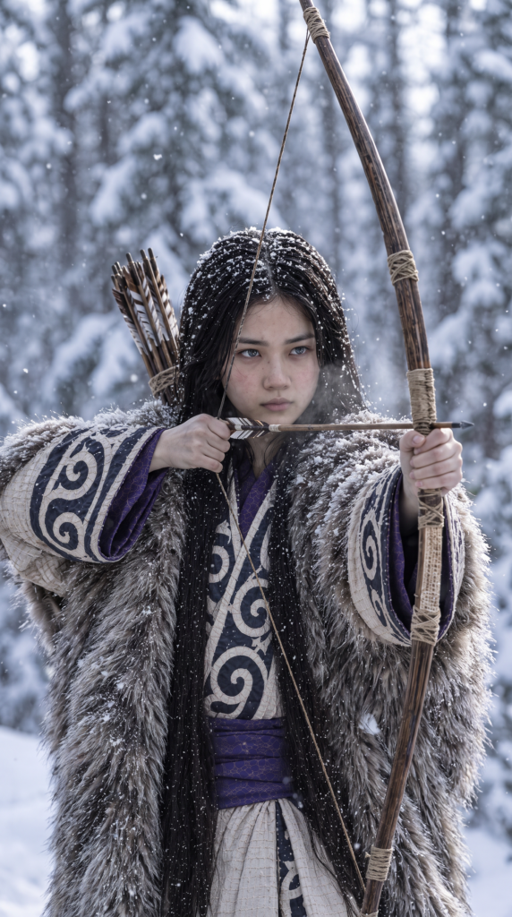 Asirpa wears a white Ainu robe made from bark called attus, complete with traditional swirling motif at the edges of the cloth over a purple band. Underneath she wears a purple kimono, which is tucked at the back. Asirpa wears dark leggings and deerskin boots called yukker. In cold weather Asirpa puts on a wolf fur mantle to cover herself in the wild. Long, straight black shiny hair falls down like a watherfall.