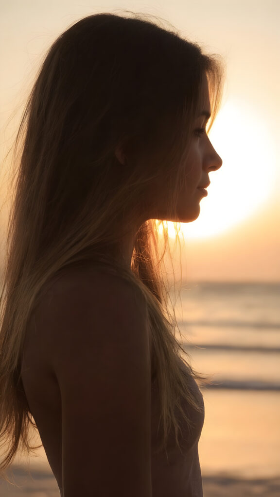 The (((beautiful silhouette of a girl in profile))), long straight flowing hair, sunset at beach