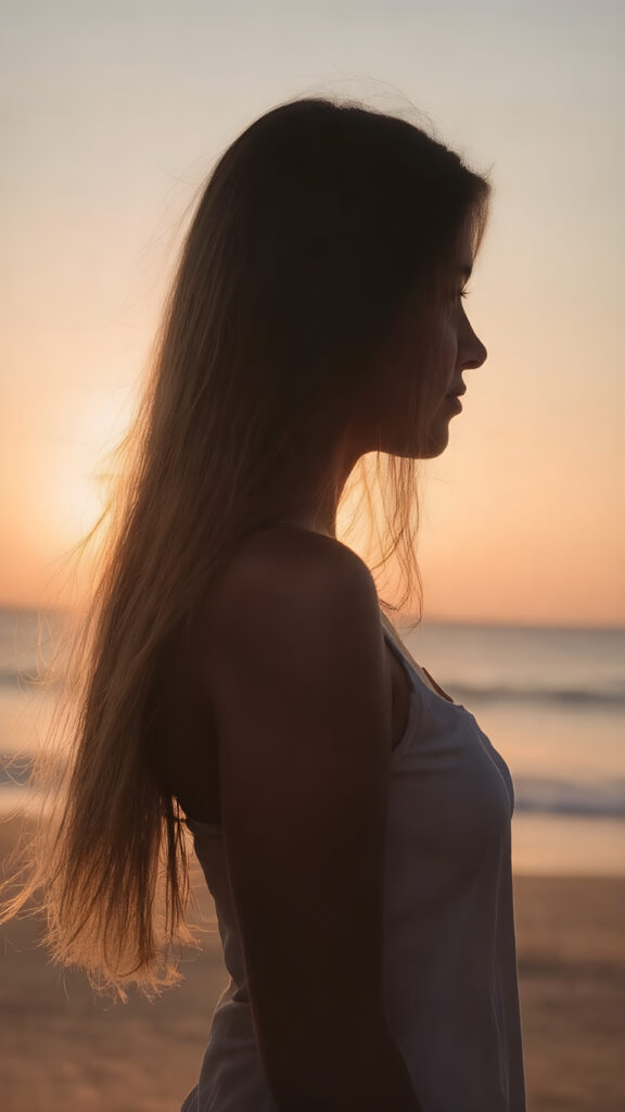 The (((beautiful silhouette of a girl in profile))), long straight flowing hair, sunset at beach