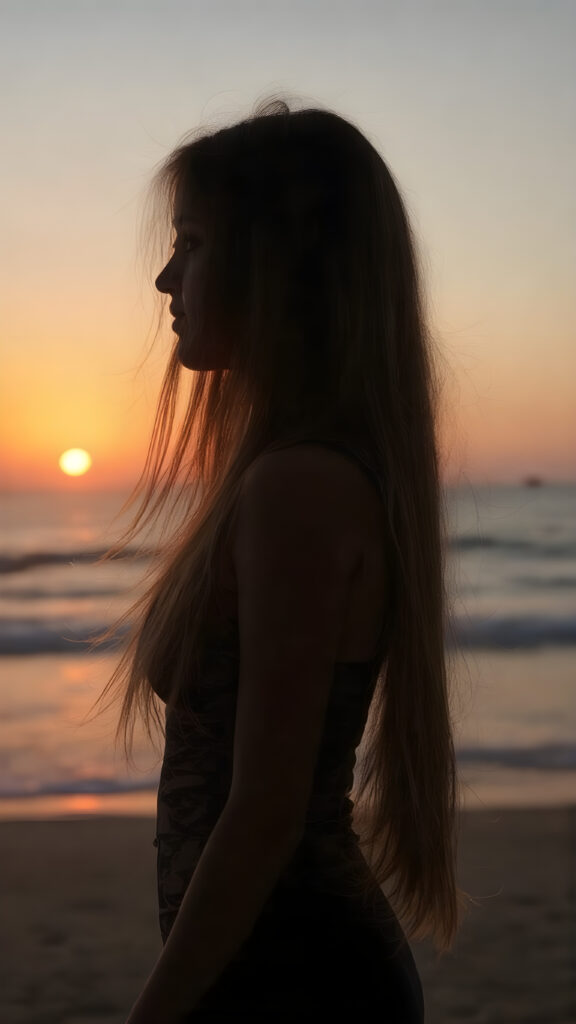 The (((beautiful silhouette of a girl in profile))), long straight flowing hair, sunset at beach