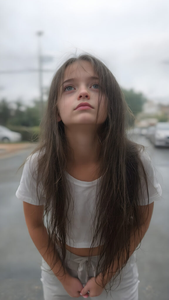 The image captures a moment of extreme loneliness in the height of summer, with a teen girl standing alone on a street facing the camera. Her light grey pants and white wet cropped t-shirt are draped over her body as heavy rainfall soaks into her skin, leaving her long hair, straight and smooth, with water droplets falling softly onto her face. The girl, looking up at the sky, exudes an air of complete isolation and introspection amidst the quiet summer rain. Her hair, with its soft black strands, cascades down her back, creating a stark contrast against the pale girl's warm skin and the dark, slightly wet strands of hair framing her face. The girl, with her long hair hanging down her back, holds her hands on her knees and gently places her feet flat on the ground. The focus on her face emphasizes the girl's emotional vulnerability in the face of the summer weather.
