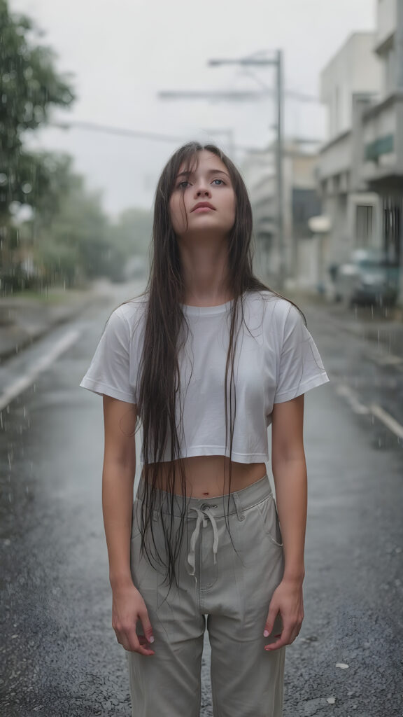 The image captures a moment of extreme loneliness in the height of summer, with a teen girl standing alone on a street facing the camera. Her light grey pants and white wet cropped t-shirt are draped over her body as heavy rainfall soaks into her skin, leaving her long hair, straight and smooth, with water droplets falling softly onto her face. The girl, looking up at the sky, exudes an air of complete isolation and introspection amidst the quiet summer rain. Her hair, with its soft black strands, cascades down her back, creating a stark contrast against the pale girl's warm skin and the dark, slightly wet strands of hair framing her face. The girl, with her long hair hanging down her back, holds her hands on her knees and gently places her feet flat on the ground. The focus on her face emphasizes the girl's emotional vulnerability in the face of the summer weather.