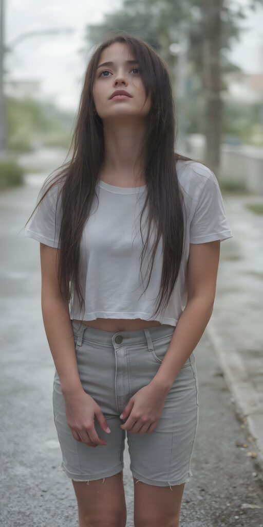The image captures a moment of extreme loneliness in the height of summer, with a teen girl standing alone on a street facing the camera. Her light grey short jeans pants and white wet cropped t-shirt are draped over her body as heavy rainfall soaks into her skin, leaving her long hair, straight and smooth, with water droplets falling softly onto her face. The girl, looking up at the sky, exudes an air of complete isolation and introspection amidst the quiet summer rain. Her hair, with its soft black strands, cascades down her back, creating a stark contrast against the pale girl's warm skin and the dark, slightly wet strands of hair framing her face. The girl, with her long hair hanging down her back, holds her hands on her knees and gently places her feet flat on the ground. The focus on her face emphasizes the girl's emotional vulnerability in the face of the summer weather.