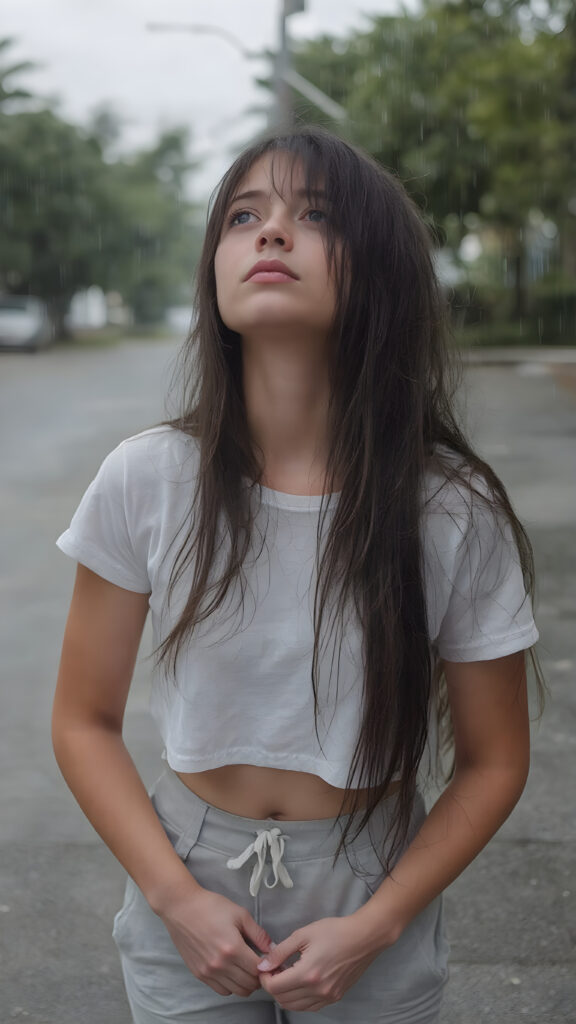 The image captures a moment of extreme loneliness in the height of summer, with a teen girl standing alone on a street facing the camera. Her light grey pants and white wet cropped t-shirt are draped over her body as heavy rainfall soaks into her skin, leaving her long hair, straight and smooth, with water droplets falling softly onto her face. The girl, looking up at the sky, exudes an air of complete isolation and introspection amidst the quiet summer rain. Her hair, with its soft black strands, cascades down her back, creating a stark contrast against the pale girl's warm skin and the dark, slightly wet strands of hair framing her face. The girl, with her long hair hanging down her back, holds her hands on her knees and gently places her feet flat on the ground. The focus on her face emphasizes the girl's emotional vulnerability in the face of the summer weather.