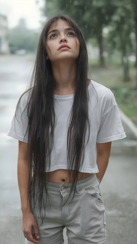 The image captures a moment of extreme loneliness in the height of summer, with a teen girl standing alone on a street facing the camera. Her light grey pants and white wet cropped t-shirt are draped over her body as heavy rainfall soaks into her skin, leaving her long hair, straight and smooth, with water droplets falling softly onto her face. The girl, looking up at the sky, exudes an air of complete isolation and introspection amidst the quiet summer rain. Her hair, with its soft black strands, cascades down her back, creating a stark contrast against the pale girl's warm skin and the dark, slightly wet strands of hair framing her face. The girl, with her long hair hanging down her back, holds her hands on her knees and gently places her feet flat on the ground. The focus on her face emphasizes the girl's emotional vulnerability in the face of the summer weather.